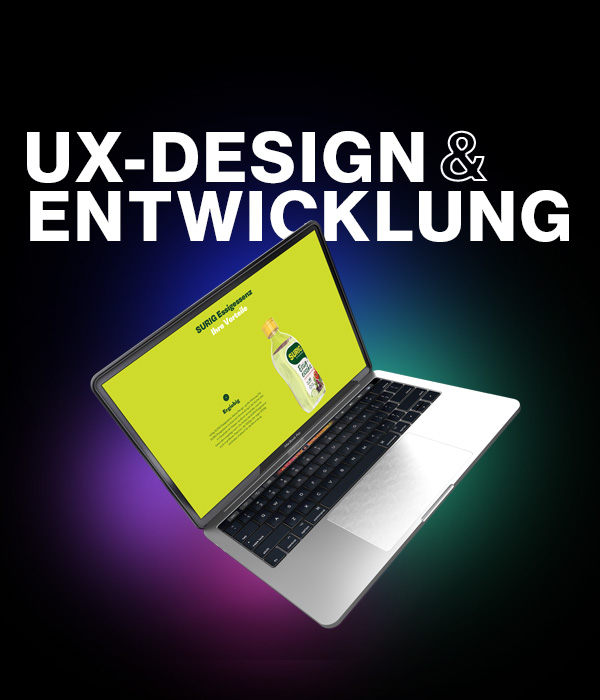 Ein Laptop mit einem Projekt-Case und der Überschrift "UX-Design und Entwicklung"