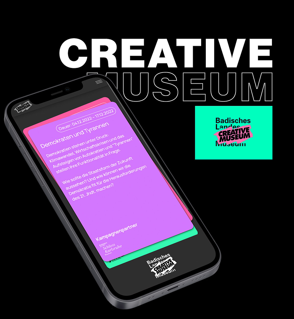 Ein Teaser mit einem Smartphone, das die App "Creative Museum" des Badischen Landesmuseums zeigt, sowie das Logo des "Creative Museum"