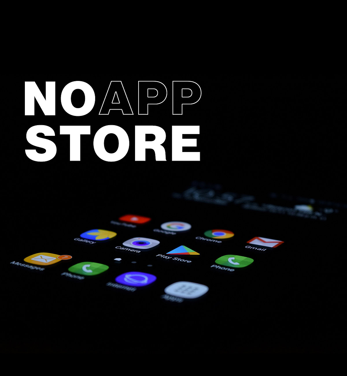 Schwarzes Smartphone mit Apps auf dem Homescreen und dem Text "No Store"