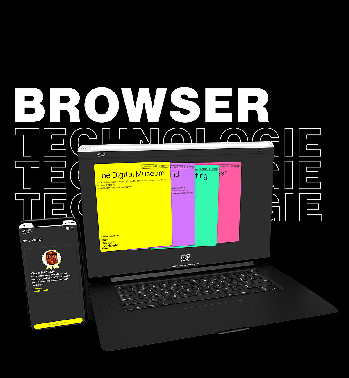 Ein Teaser, der verschiedene Endgeräte mit der gleichen Web-App zeigt und dem Text "Browser Technologie"
