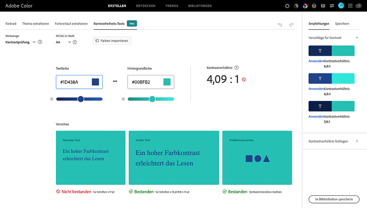 Screenshot vom Adobe Color Wheel, dass nun auch Barrierefreiheit bei der Farbauswahl berücksichtigt